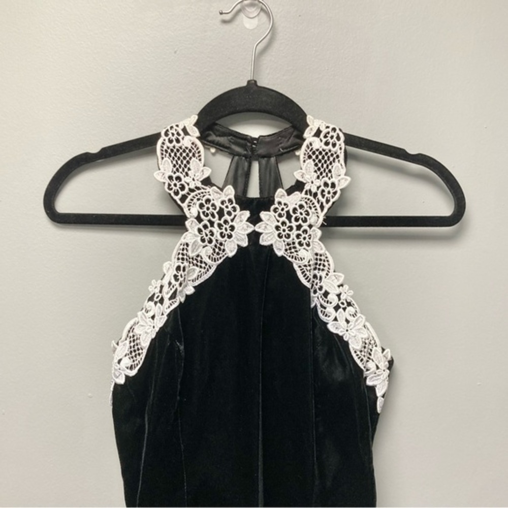Jessica McClintock G. Sax Vintage Black Velvet White Lace Halter Gown Dress 5/6 - Picture 3 of 10
